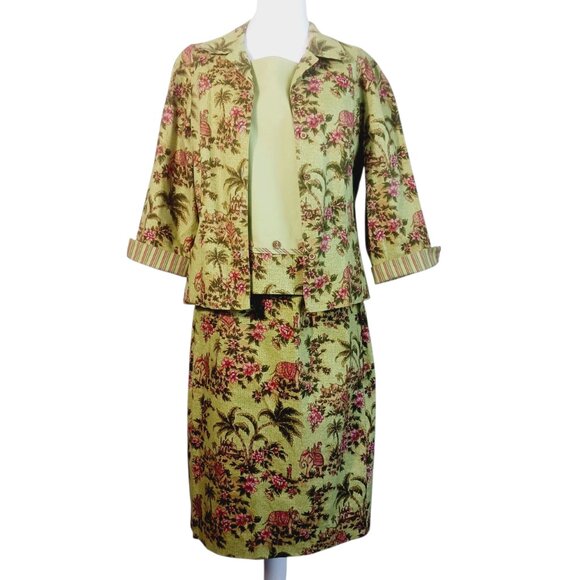 Sharon Young, SZ 12, 3 PC Suit, Skirt, Top & Jacket, Elephant & Palm Tree Print - Picture 8 of 16